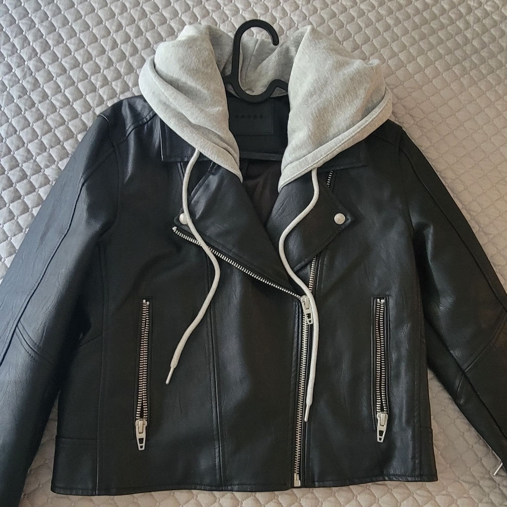 BlackNyc Black Leather Jacket with Gray Hood